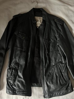 Pepe Jeans London Leather Jacket Men's M Black Full Zip Pockets Band Collar