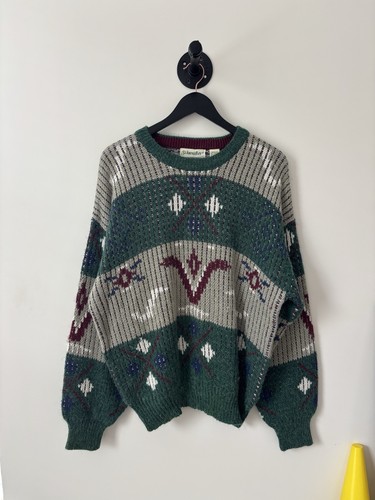 Vintage Pullover Herren XL grün 90er Rundhalspullover Opa gestreift