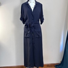 ZARA Trafaluc Collection Navy Blue Button Front Belted Maxi Shirt Dress Size L