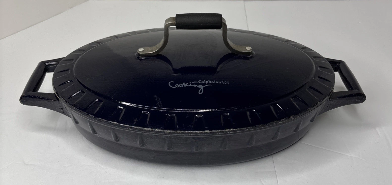 Cooking With Calphalon Dutch Oven Cast Iron Blue w/Lid 16 X 9 X 6 Pan