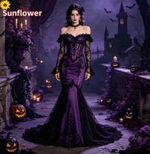 Vintage Purple Black Prom Dress Long Sleeves Lace Applique Mermaid Evening Gowns