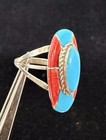 Old Pawn Zuni Native American Sterling Turquoise Red Coral Ring sz8 Singed FM — photo 7