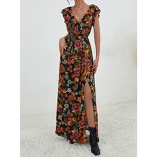 Shein Breezaya Maxi Dress Floral Print Ruffle Trim Split Thigh Large