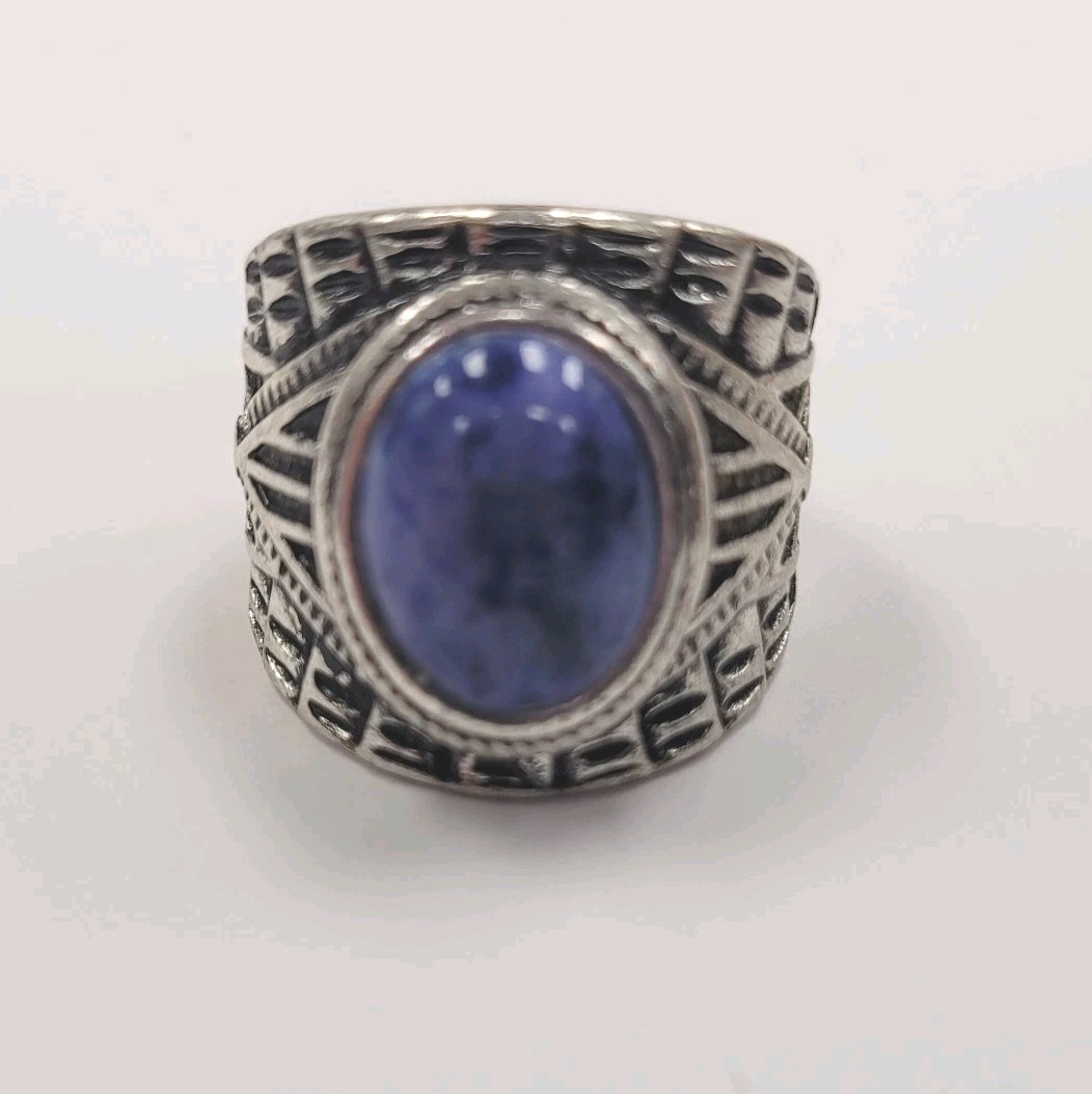 Vintage Solid Metal Ring Silver Tone Turquoise Bl… - image 1