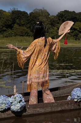 Tulle & Batiste Phoenix Short Robe Fringe Kimono In Chinese Gold Boho M/L $177