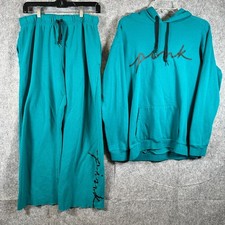 Y2k VICTORIA SECRET PINK CAMPUS PULLOVER HOODIE Sweatsuit 2PC SET Sz Medium Teal
