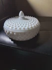 VTG Fenton hobnail milk glass candy or powder dish with lid