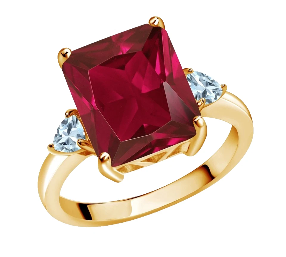 925 Silver Yellow Gold Plated Created Ruby Sky Blue Aquamarine Engagement Ring - Image 2 of 4