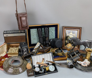 Vintage Antiques Job Lot WWI Pocket Watch Cameras Binoculars Clock Box etc
