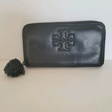 Tory Burch Thea Black Cowhide Leather Zip Around Large Wallet Long Clutch Tassel