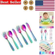 Charming Rainbow 6-Piece Kids Silverware Set with Bear Engraving for Safe Eating
