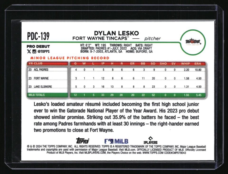 2024 Topps Pro Debut Dylan Lesko Chrome Gold Mini Diamond Refractor #PDC-139 - Image 2 of 2