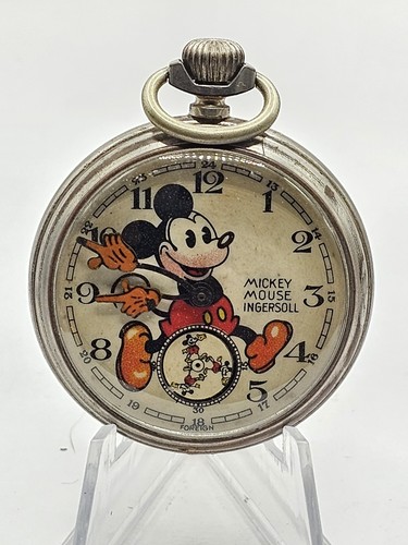 Ingraham British 1930s 1st Edition Bearded Mickey Mouse Pocket Watch Running