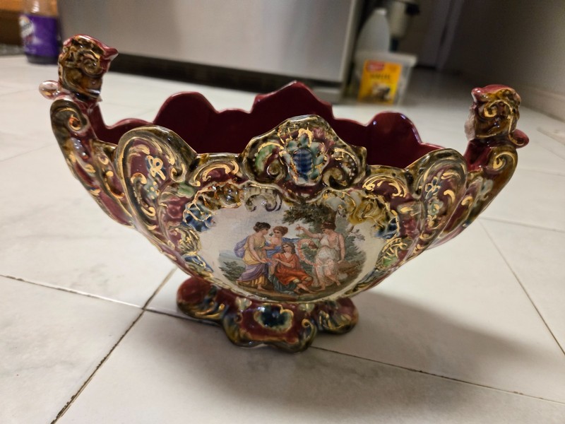 Antique Majolica Victorerian Basket Centerpiece Hand painted Gold Trim