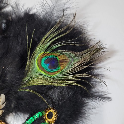 Feathered Masquerade Mardi Gras Mask Peacock Gold Sequins - Picture 5 of 10