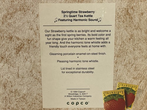 Copco Strawberry Enamel Metal Harmony Whistling Tea Kettle Pot 2.5 Qt 1994 NEWOB - Picture 10 of 24