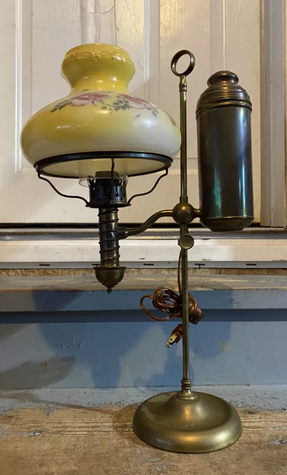 Antique Brass Adjustable Student Oil Lamp Yellow Floral Glass Shade Rewired