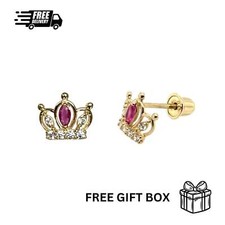 14K Solid Yellow Gold Crown Screw Back CZ Stud Earrings