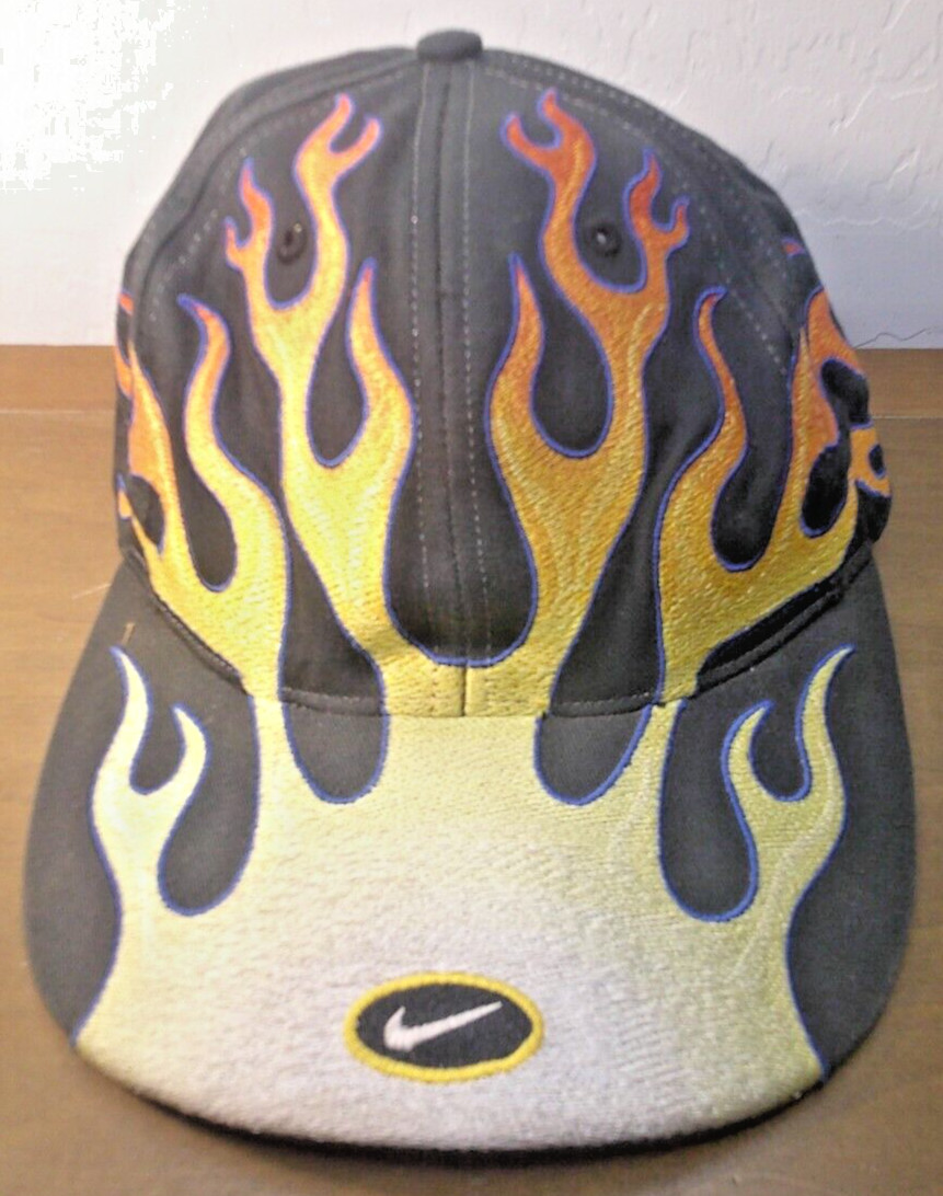 Rare! Vintage! Nike Flame Ball Cap! Y-2K! Black with Flames! ~Strap Back! ~Hat!