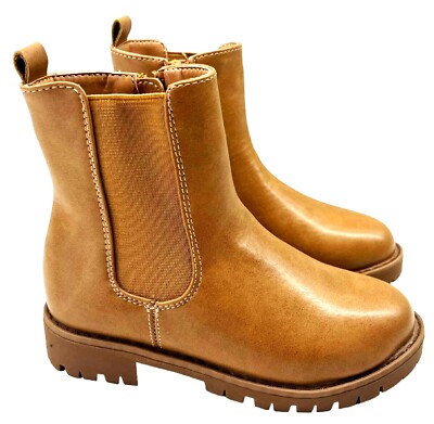 KIDS CHILDRENS GIRLS ANKLE ZIP UP CHELSEA TAN WINTER GRIP SOLE BOOTS SHOES  SIZE UK
