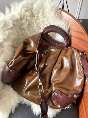 100% AUTH Marni Balloon Hand Bag Large Brown Patent Leather