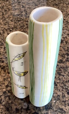 7  Vintage MCM Ceramic Pottery Double Cylinder Bird Fish Vase Londi Raymor Italy