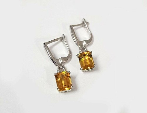 8Ct Emerald Cut Citrine Diamond Ring/Earring/Pendant Set 14K White Gold Finish - Picture 2 of 5