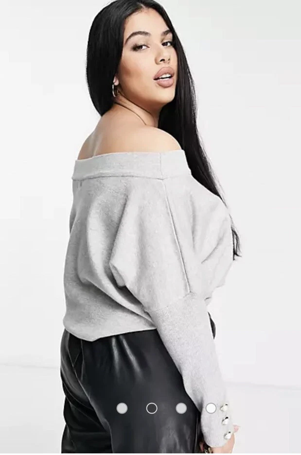 River Island Plus Off The Shoulder Button Detail Jumper Grey 36