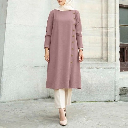 Casual Blouse Women Muslim Long Sleeve Top Solid Color Round Neck Shirt S-3XL - Picture 7 of 28