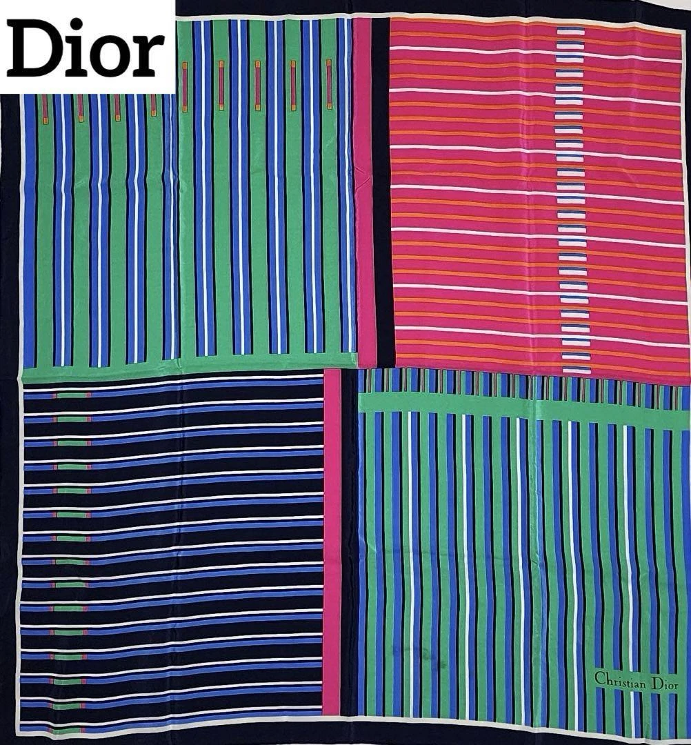 Foulard Dior rayé rayé en soie bleu marine vert rose