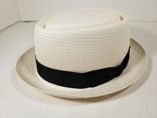 BILTMORE PORTER IVORY SHANTUNG STRAW PORK PIE MADE IN USA