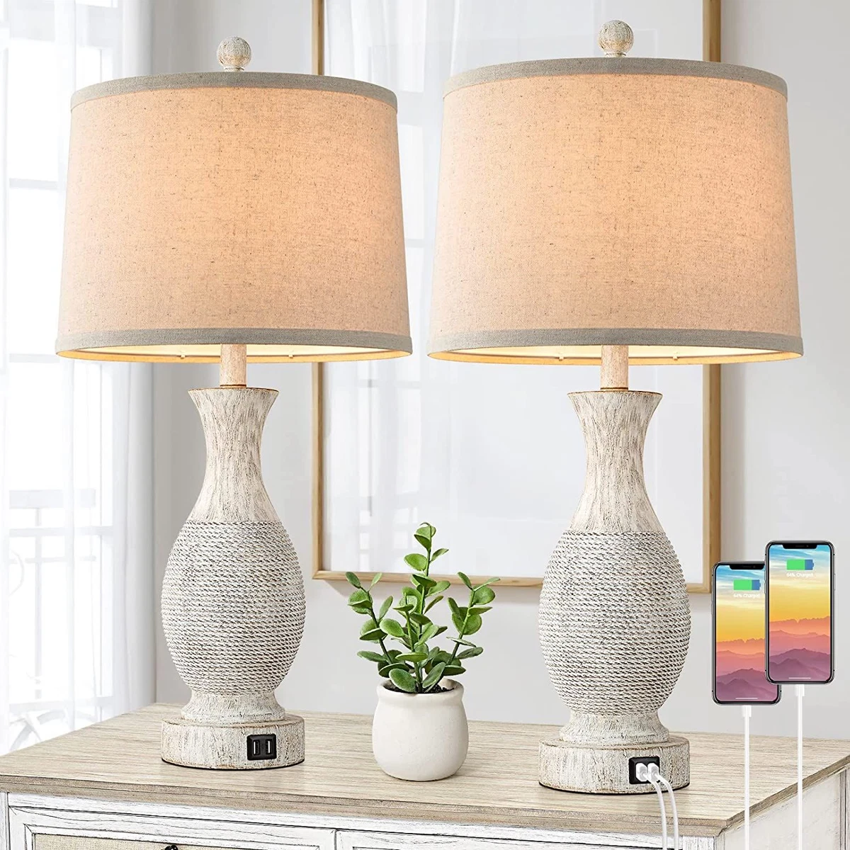 Table Lamps Set of 2 26 Tall with USB Charging Ports Farmhouse