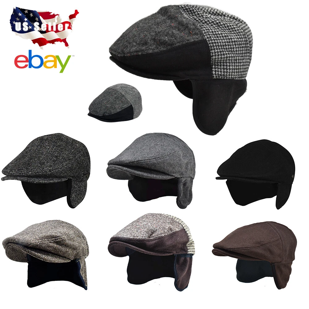 100% Wool Solid Herringbone Winter Ivy Cabbie Hat w/Fleece Earflap Driving Hat