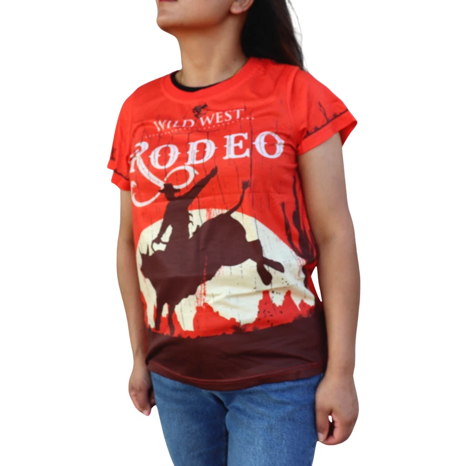Camiseta para mujer Western Country Wild West Rodeo estampada naranja Foto 3 de 4