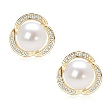 Pearl Stud Earrings for Women 14K Gold Plated Freshwater Cultured White Pearl...