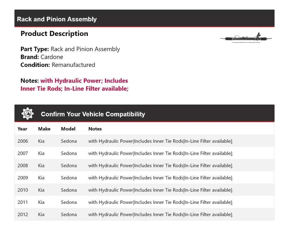 Conjunto de piñón y cremallera Cardone para Kia Sedona 2006-2012 2007 2008 2009 2010 Foto 2 de 4