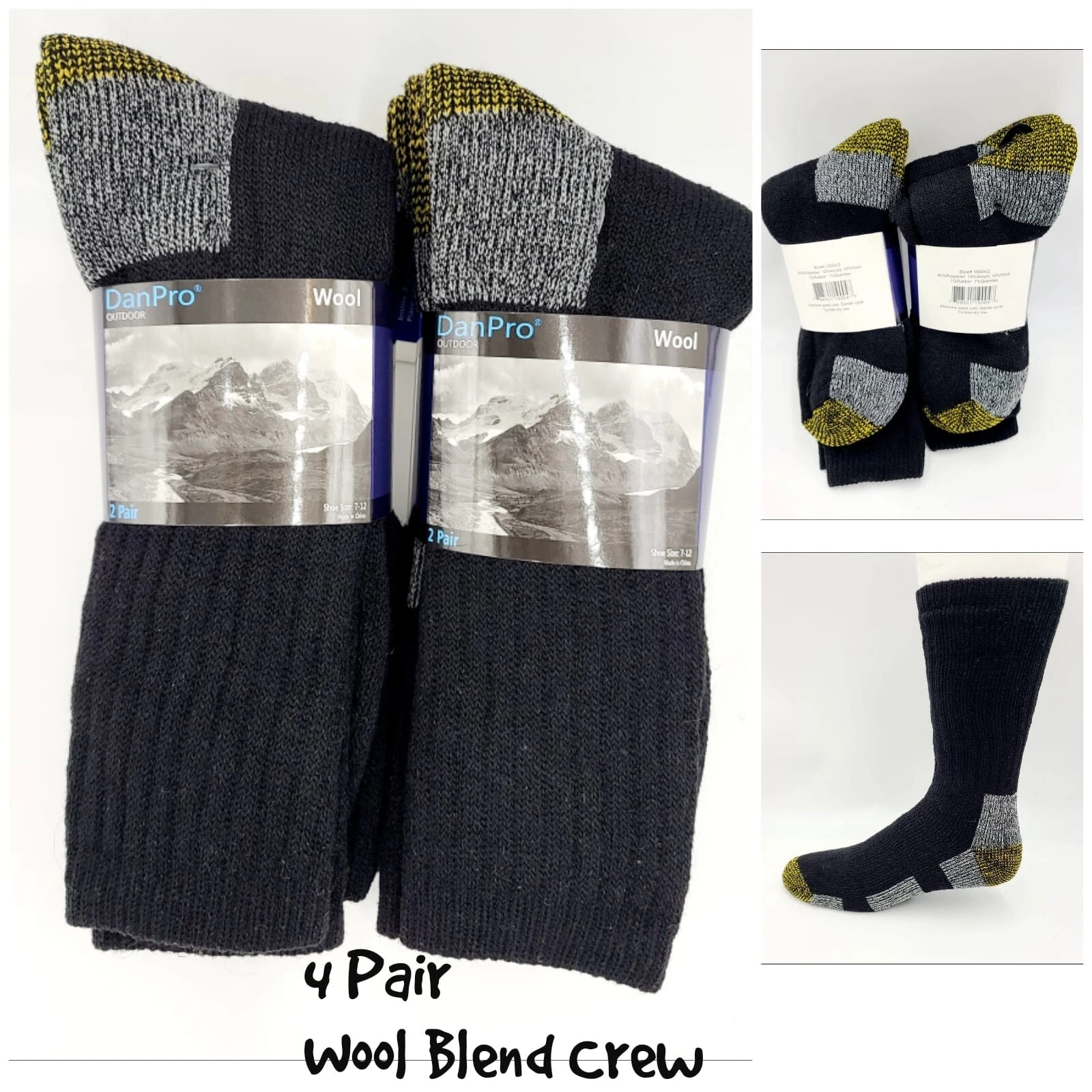 Dan Pro Outdoor Wool Blend 4 Pair Thick Crew Socks Men's Size 7-12