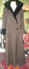 Vintage Hourihan Dublin Full Length Hooded Tweed Coat Fits 12uk Blk Velvet Trims