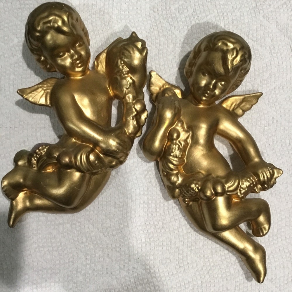 Set Of 2 Vintage Gold Tone Angels Cherubs Hanging Wall Decor 7” Tall