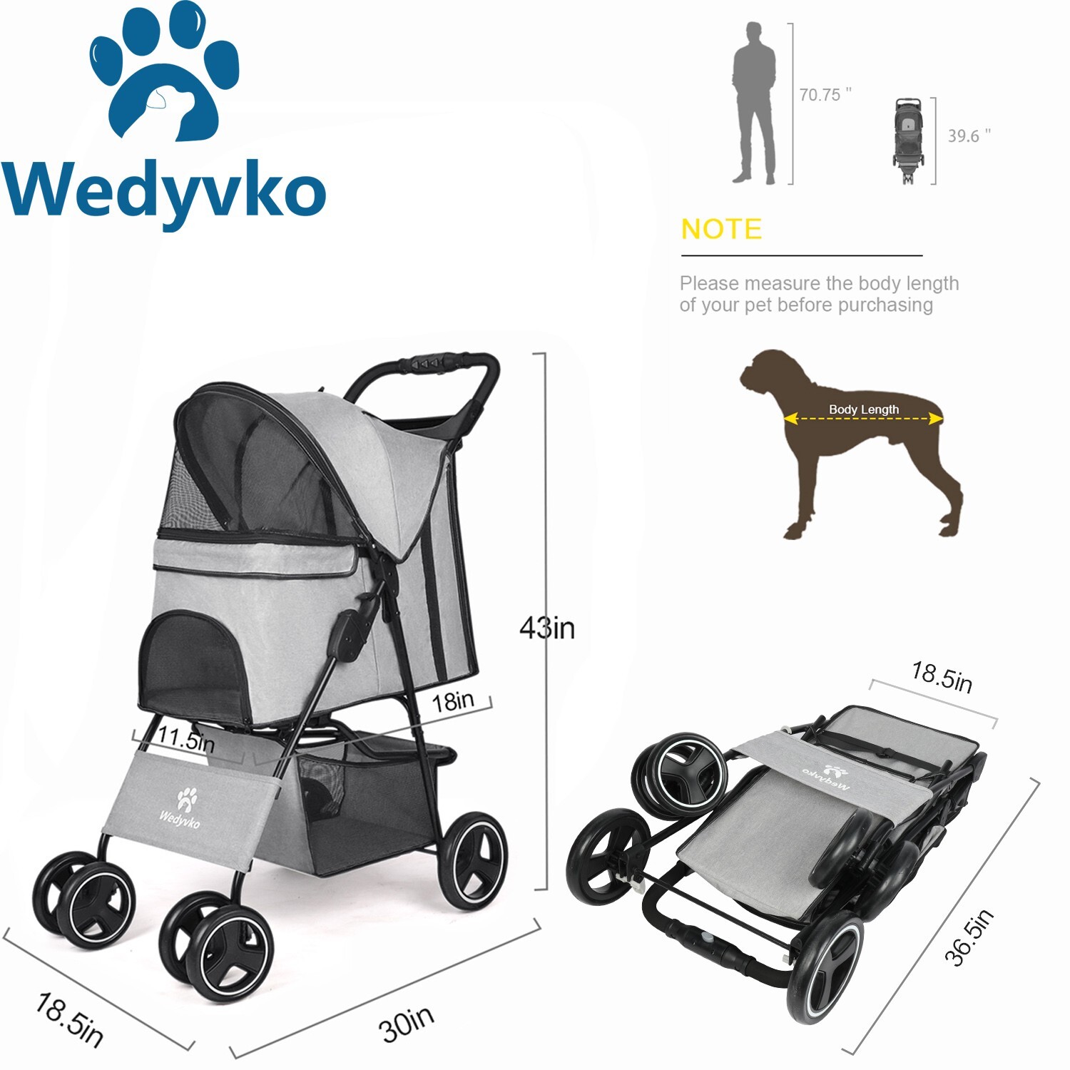 Wedyvko Pet Travel Stroller Dog Cat Pushchair Pram Jogger Buggy With 4