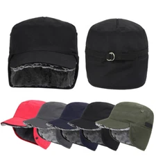 Mens Faux Fur Baseball Cap Winter Warm Hat with Brim Earflaps Windproof Ski Hat