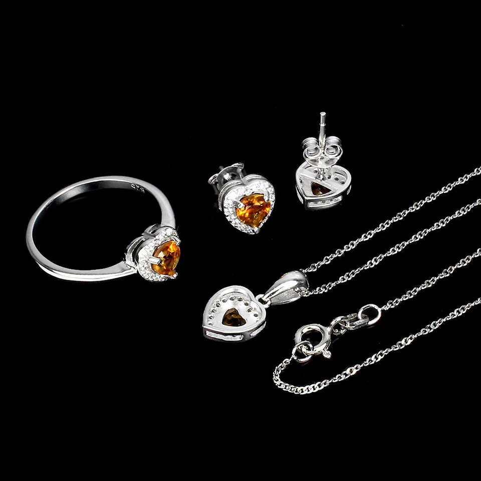 925 Argento Sterling Gioielli Set Cuore Citrino 5mm Gemma Pietra Naturale - Immagine 3 di 4