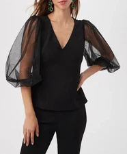 NWT- Trina Turk 'Lilith' Puffed Tulle-Sleeve Stretch-Crepe Top, Black - Size 6