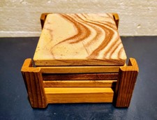 Set Of 4 Sandstone Tile Cork Back Coasters Wooden Stand Pottery