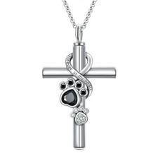 Pet Memorial Cross Necklace Silver Tone Forever in My Heart Paw Print Pendant