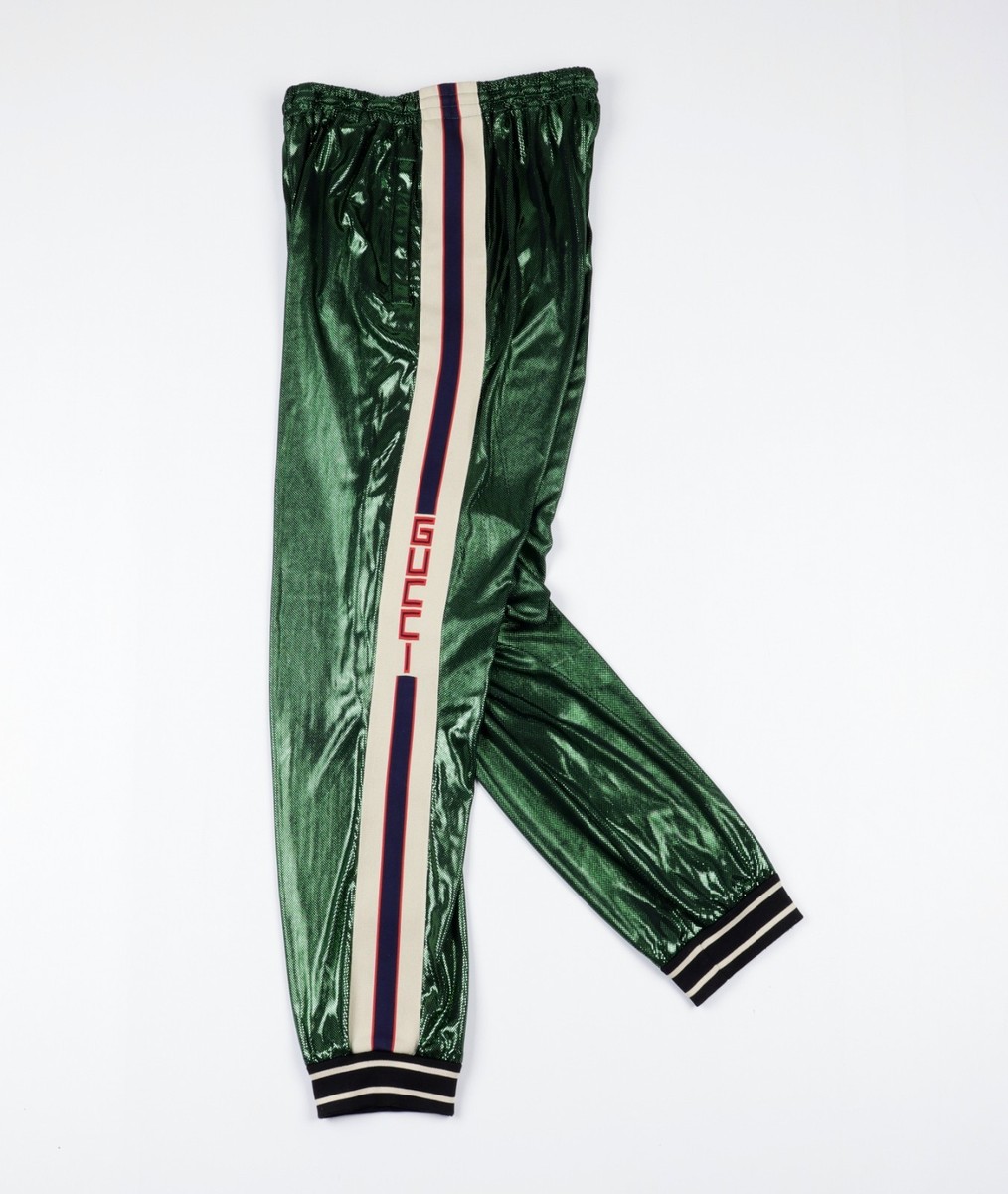 Gucci Size S Web Stripe Metallic Green Jersey Track Pant Joggers