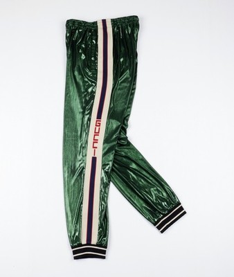 Gucci Size S Web Stripe Metallic Green Jersey Track Pant Joggers