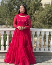 Latest Presenting Heavy Georgette Gown With Rani Pink Dupatta For Reception Wear