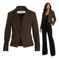 698 Veronica Beard Aaliyah Blazer Brown Black Check Ruched Sleeve Sz 4
