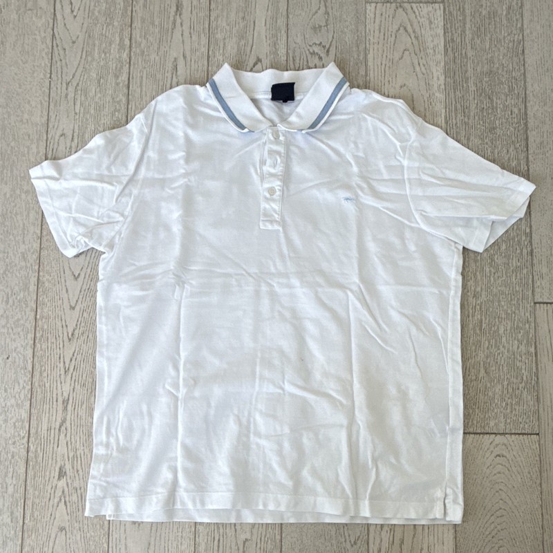 Men's White Polo Shirt Short Sleeve Collared Solid Logo Button Closure Size L